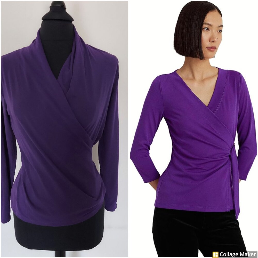 LAUREN Ralph Lauren Stretch Jersey Faux-Wrap Top Sz PM 92% Cotton, 8% Elastine